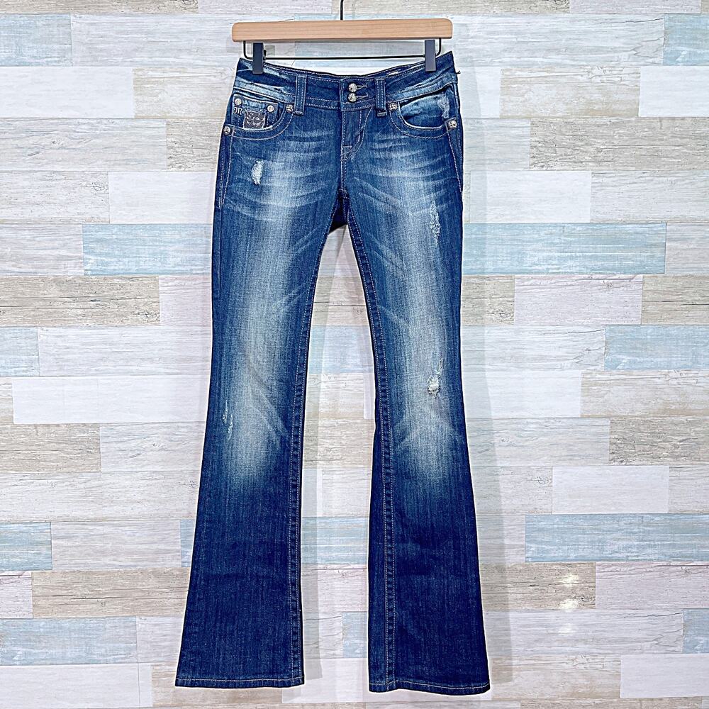 Miss Me Embellished Fringe Easy Boot Cut Jeans Low Rise Dark Wash Womens 26